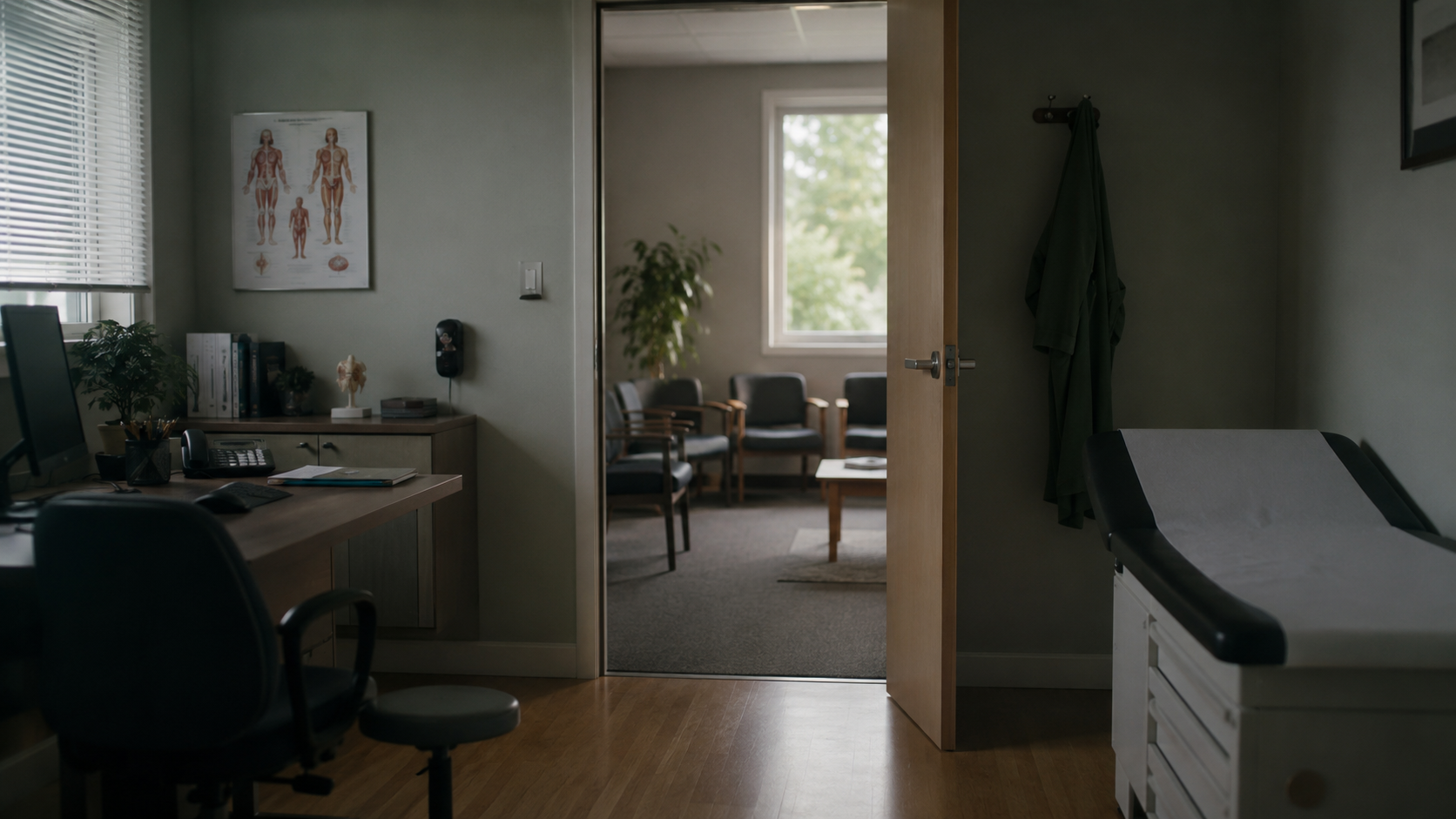 Cabinet de médecin généraliste avec une salle d'attente entrevue par une porte ouverte