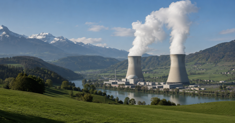 les tours de refroidissement d'une centrale nucléaire dans un paysage de vallée suisse, panache de vapeur, montagnes