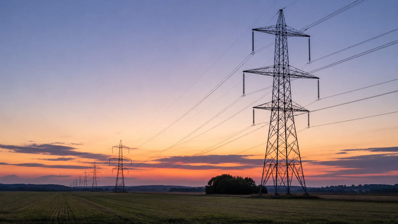 des lignes à haute tension traversant une campagne au crépuscule