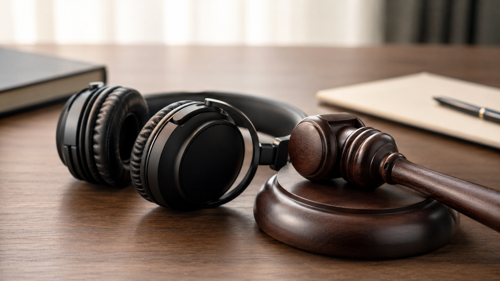 Marteau de justice pose a cote d'un casque de studio sur un bureau