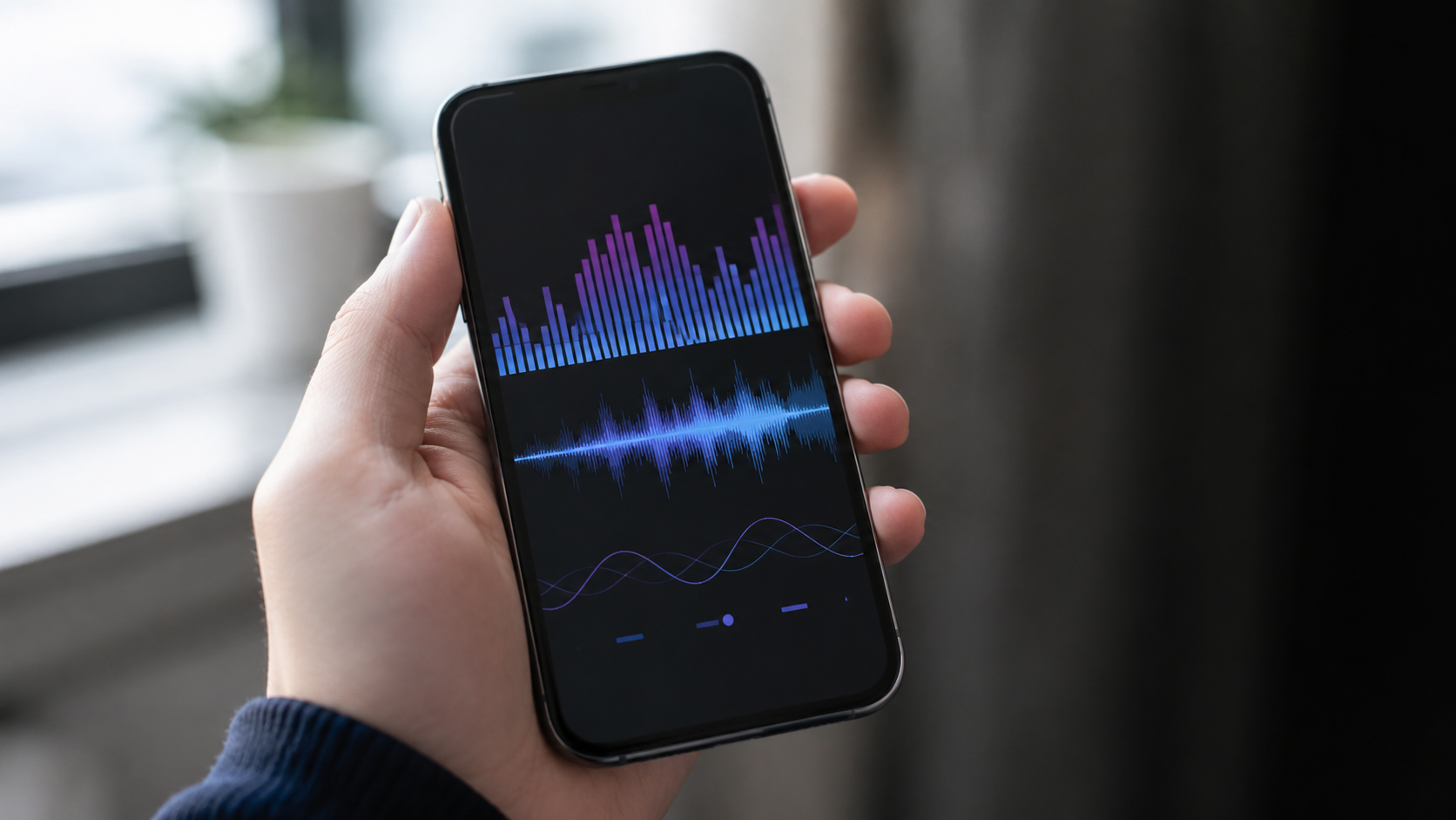 Main tenant un smartphone affichant une interface de musique avec des barres de son
