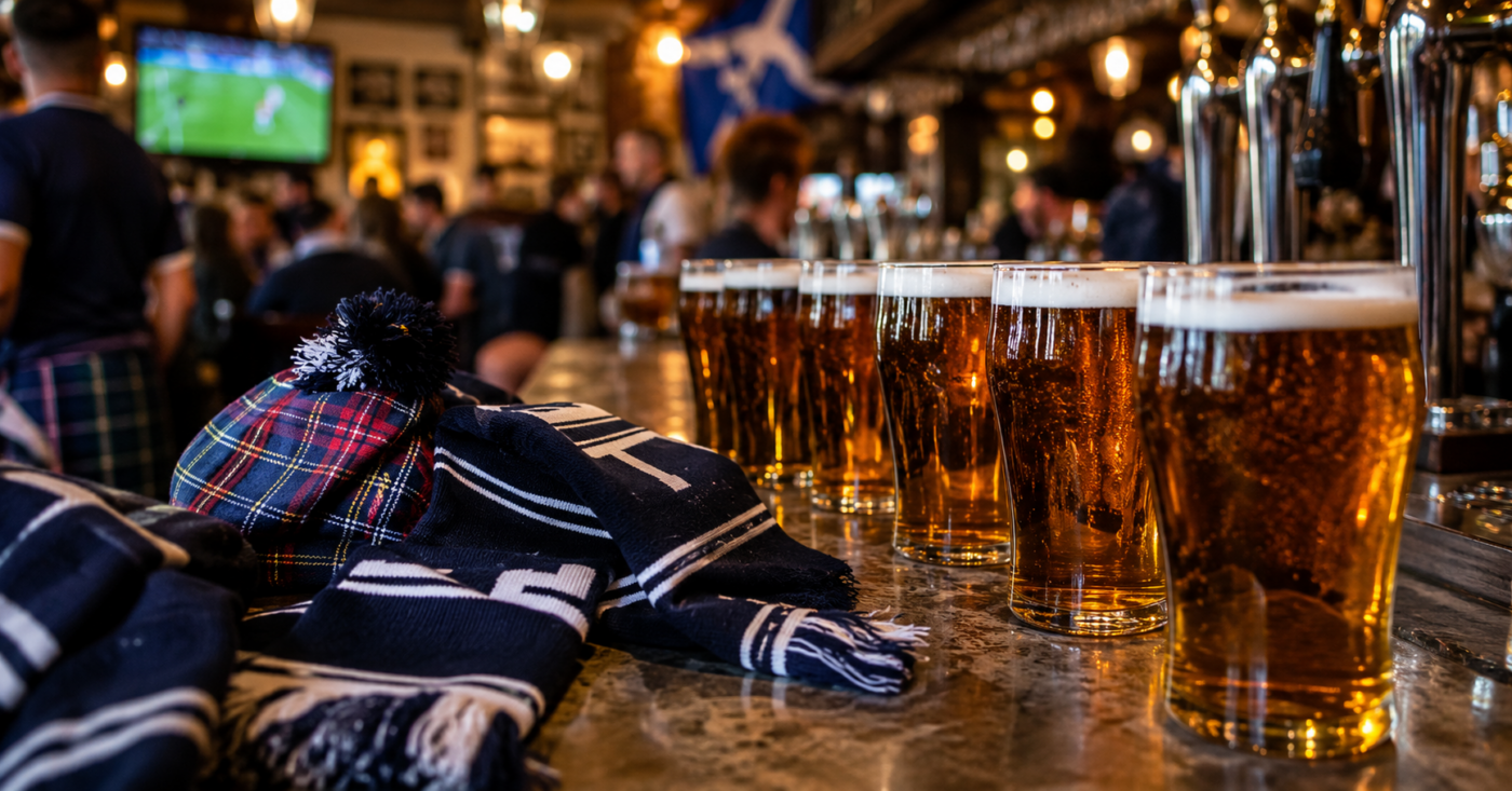 comptoir de bar américain animé un soir de match, rangée de pintes ambrées fraîchement tirées, écharpes bleu marine et motifs tartan posées sur le zinc