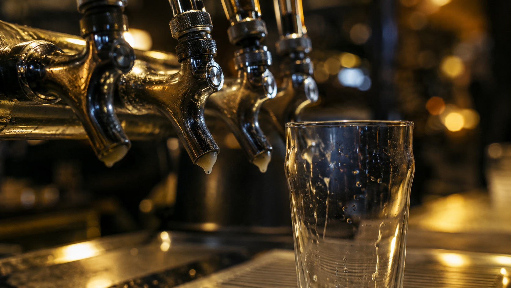 une tireuse à bière dont les becs ne donnent plus rien, mousse résiduelle, verre vide à côté