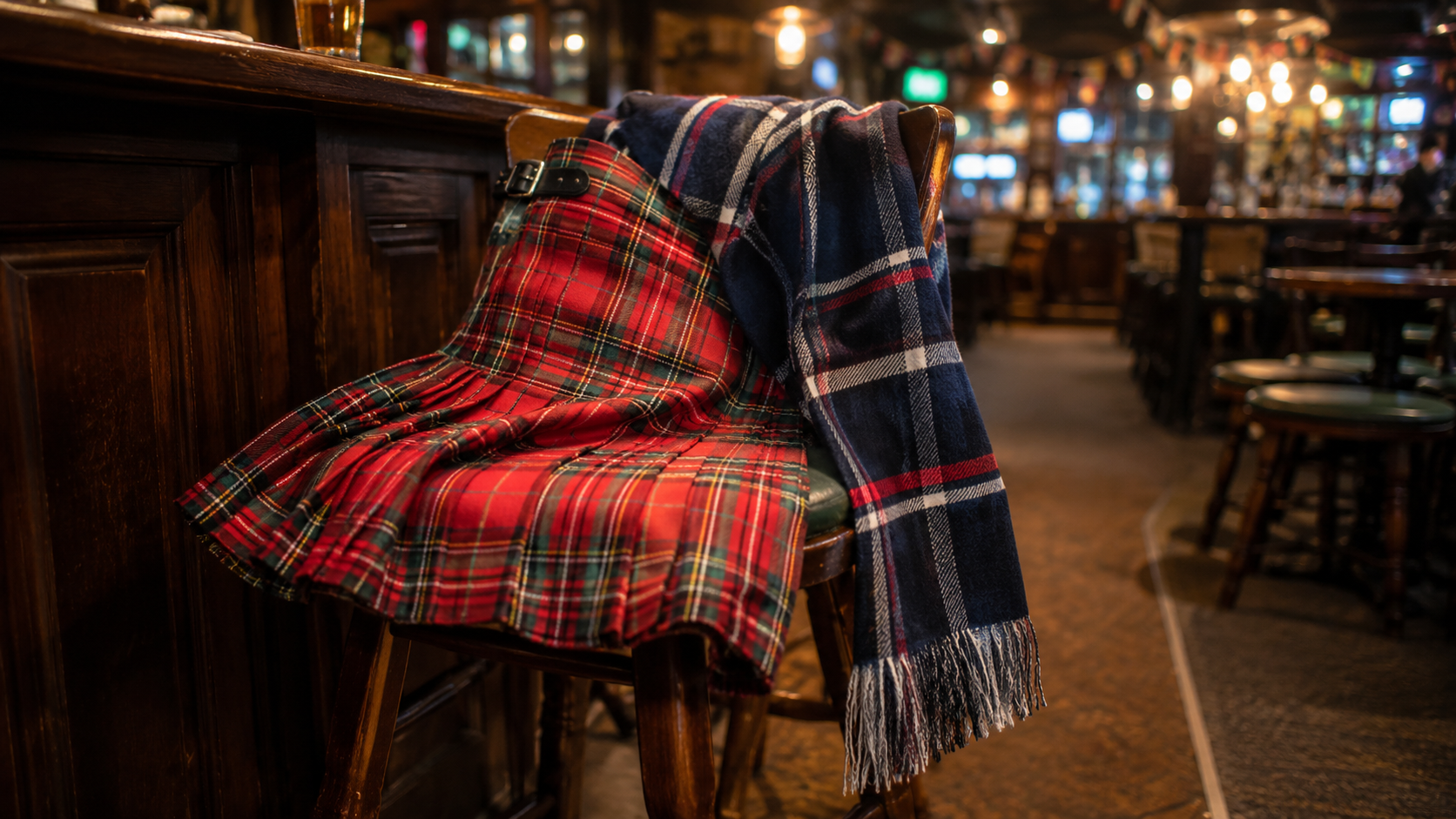 un kilt et une écharpe tartan posés sur un tabouret de bar, ambiance de soir de fête