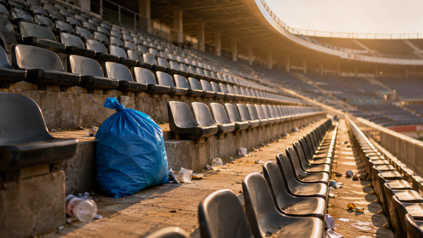 Des gradins de stade vides apres un match, un sac-poubelle bleu pose sur une marche entre les sieges