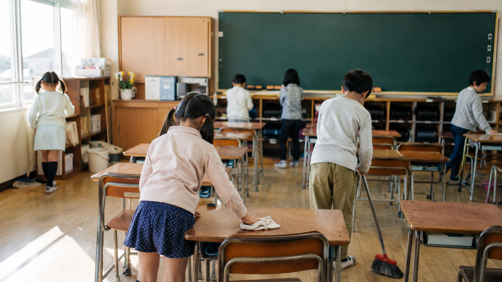 Une salle de classe primaire japonaise pendant le temps de nettoyage quotidien, des eleves balayant le sol