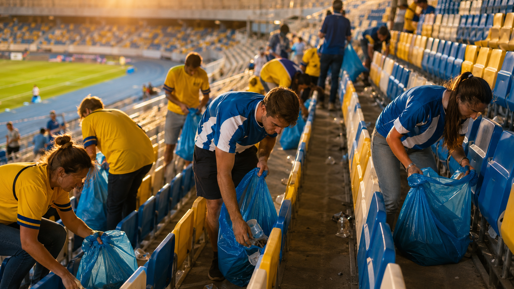 Des supporters en maillots colores ramassent les dechets des tribunes dans des sacs bleus apres un match