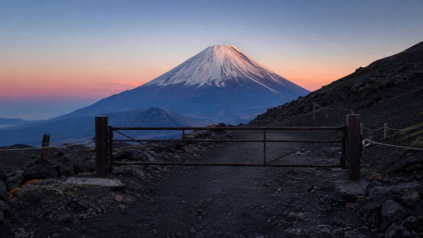 Le sommet du mont Fuji à l'aube vu au-dessus d'un portique de contrôle fermé au cinquième relais