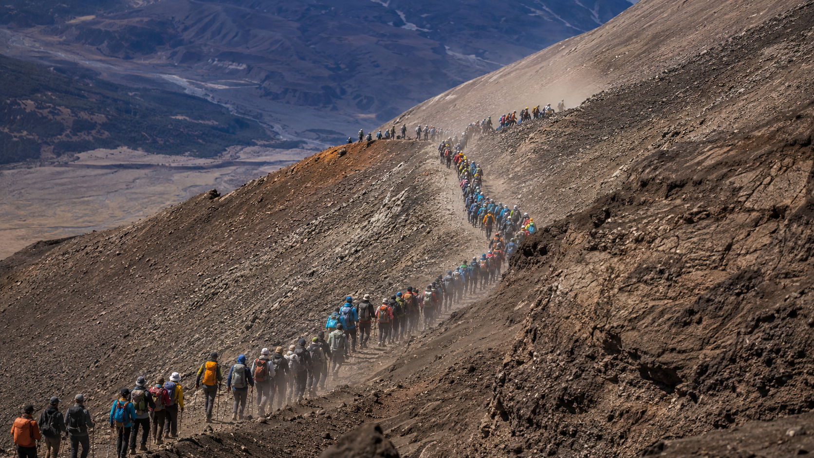 Un sentier de montagne volcanique saturé de marcheurs en file indienne sous une lumière dure