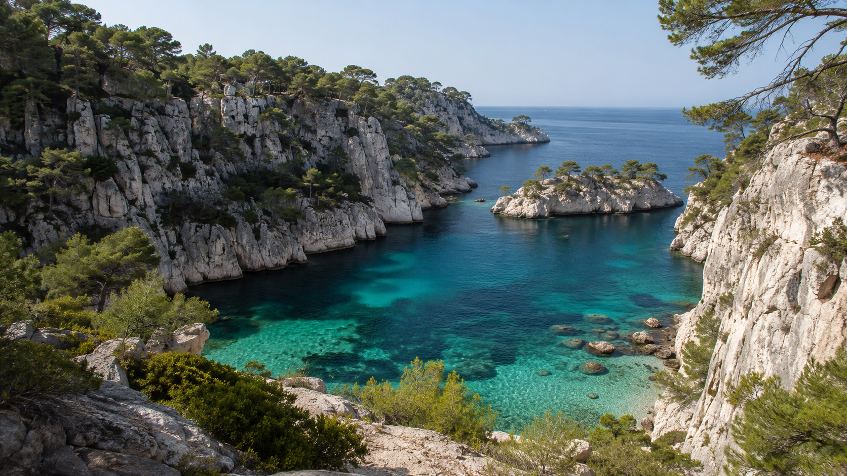 Une calanque méditerranéenne turquoise entre falaises blanches et pins, sans aucun visiteur