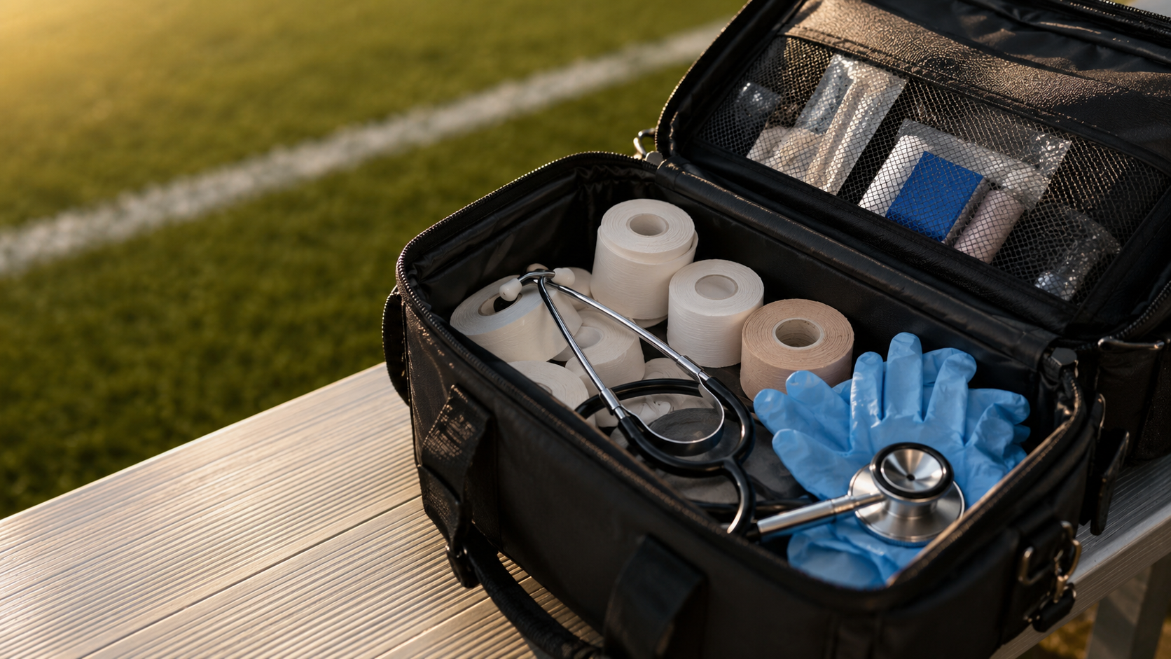 Une mallette médicale ouverte posée sur un banc au bord d'un terrain de football