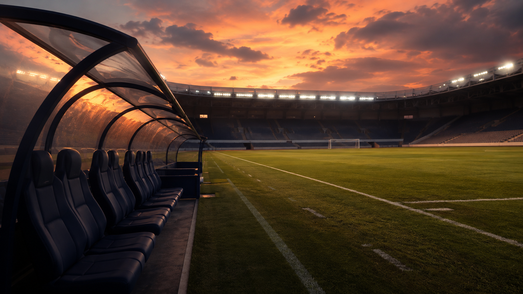 Un terrain de football vu depuis la zone technique au crépuscule, un banc de touche vide au premier plan