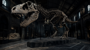 Squelette monté de Tyrannosaurus rex dans un hall de muséum sombre, crâne et cage thoracique imposants