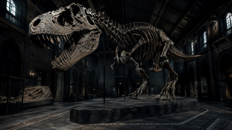 Squelette monté de Tyrannosaurus rex dans un hall de muséum sombre, crâne et cage thoracique imposants