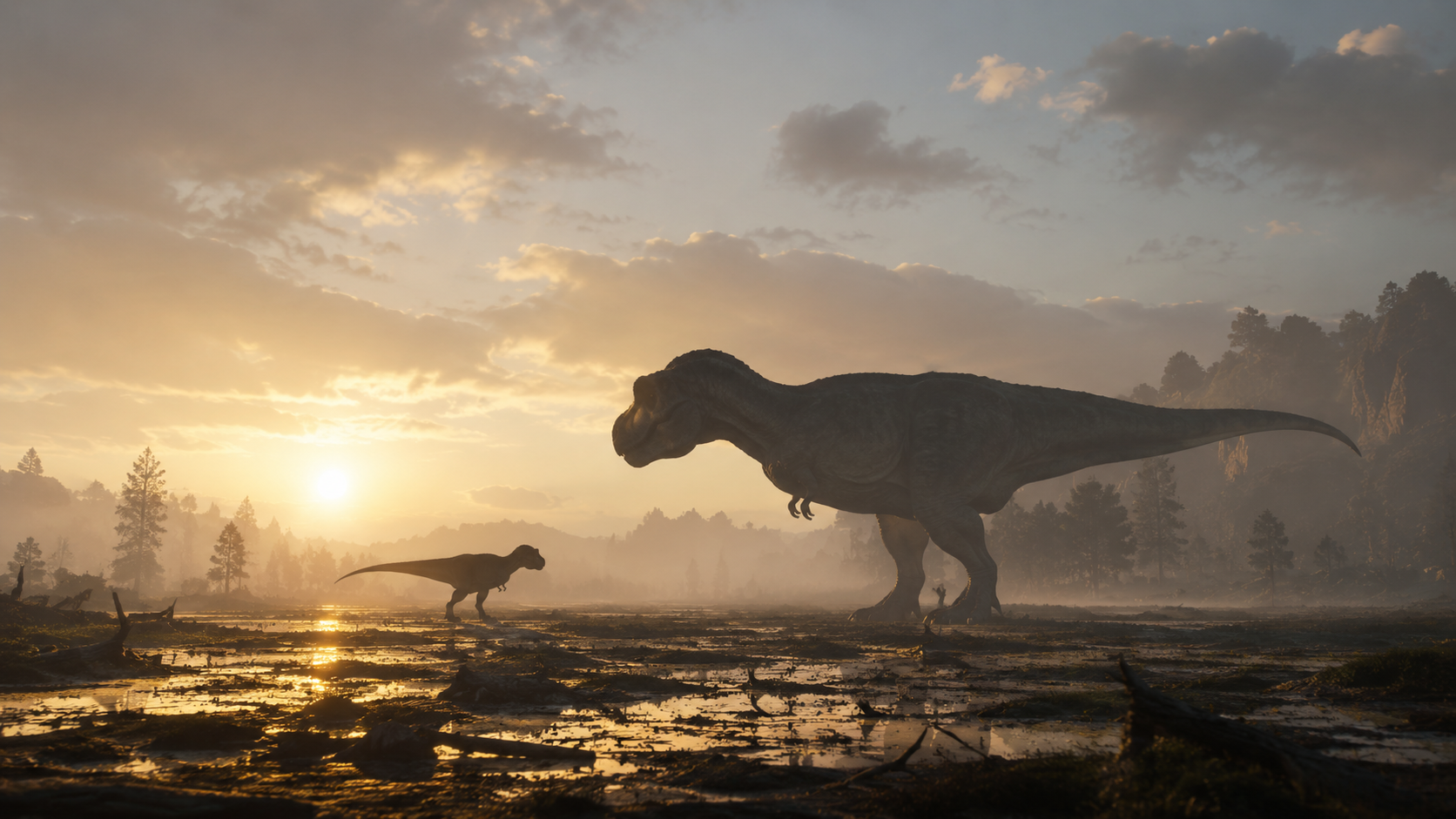 Silhouette d'un jeune tyrannosaure à côté d'un adulte massif dans un paysage du Crétacé au petit matin