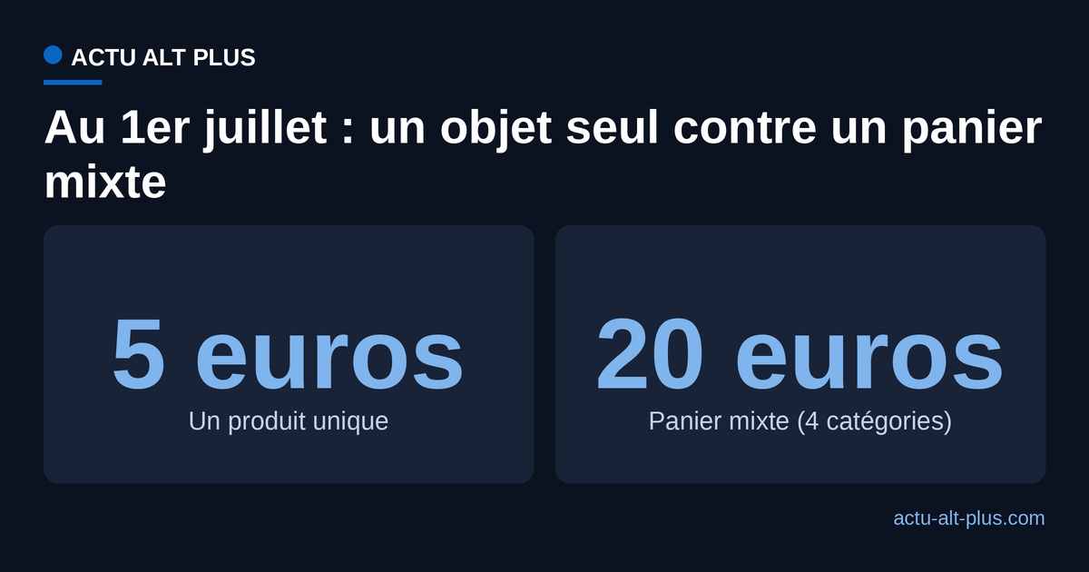 Au 1er juillet, un produit unique reste taxé 5 euros quand un panier mixte de 4 catégories atteint 20 euros