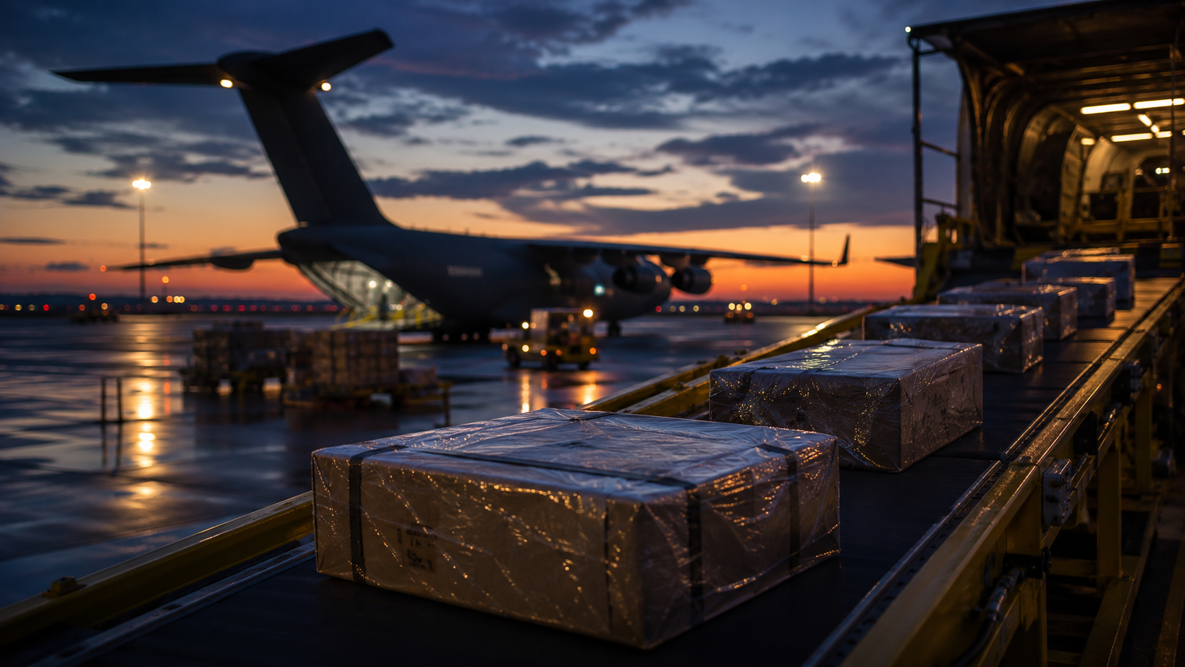 Silhouette d'un avion-cargo sur un tarmac au crépuscule, colis sur un convoyeur au premier plan