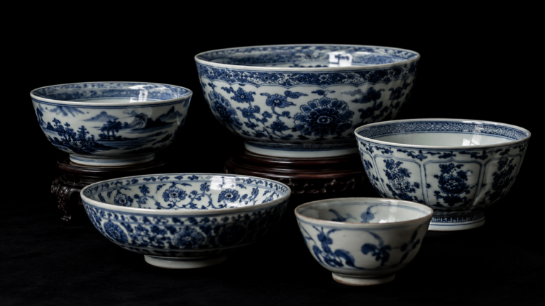 Des bols de porcelaine chinoise bleu-et-blanc disposés sur un fond sombre