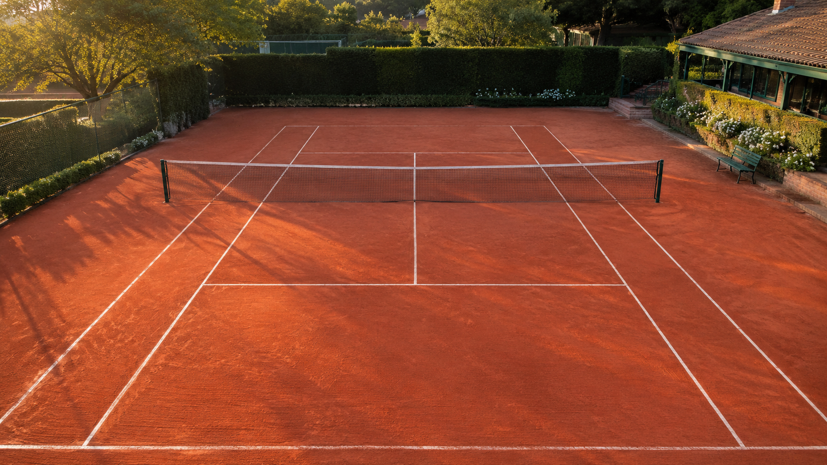 Court de tennis en terre battue d'un club de la métropole lilloise en fin d'après-midi