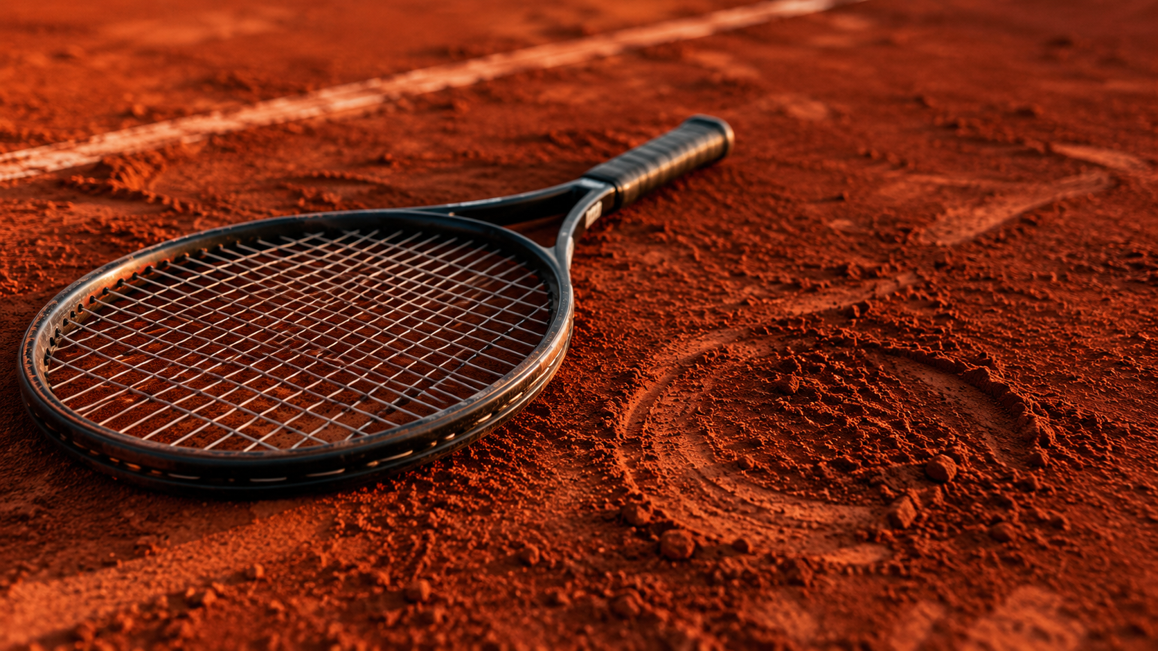Raquette de tennis et surface en terre battue avec empreintes de balles