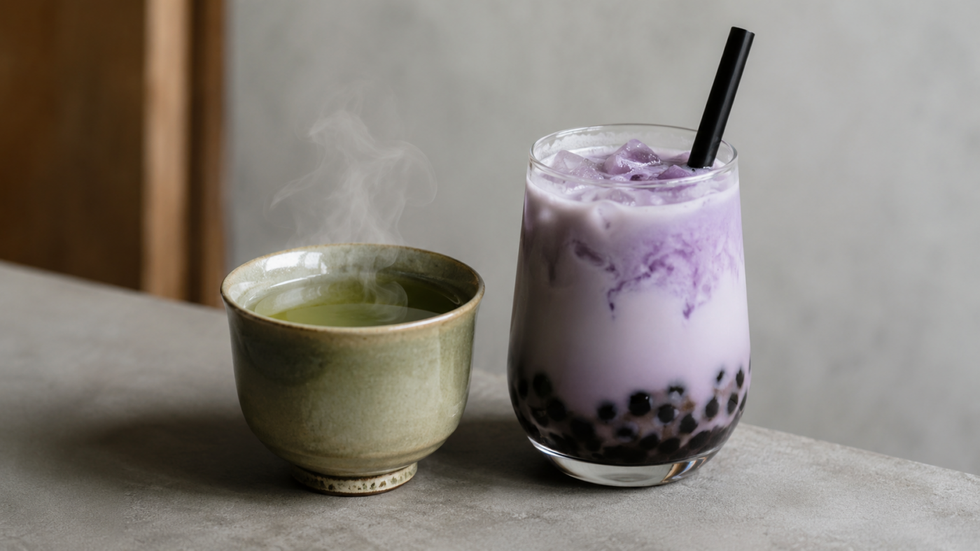 Une tasse de thé infusé nature et un grand verre de bubble tea coloré côte à côte