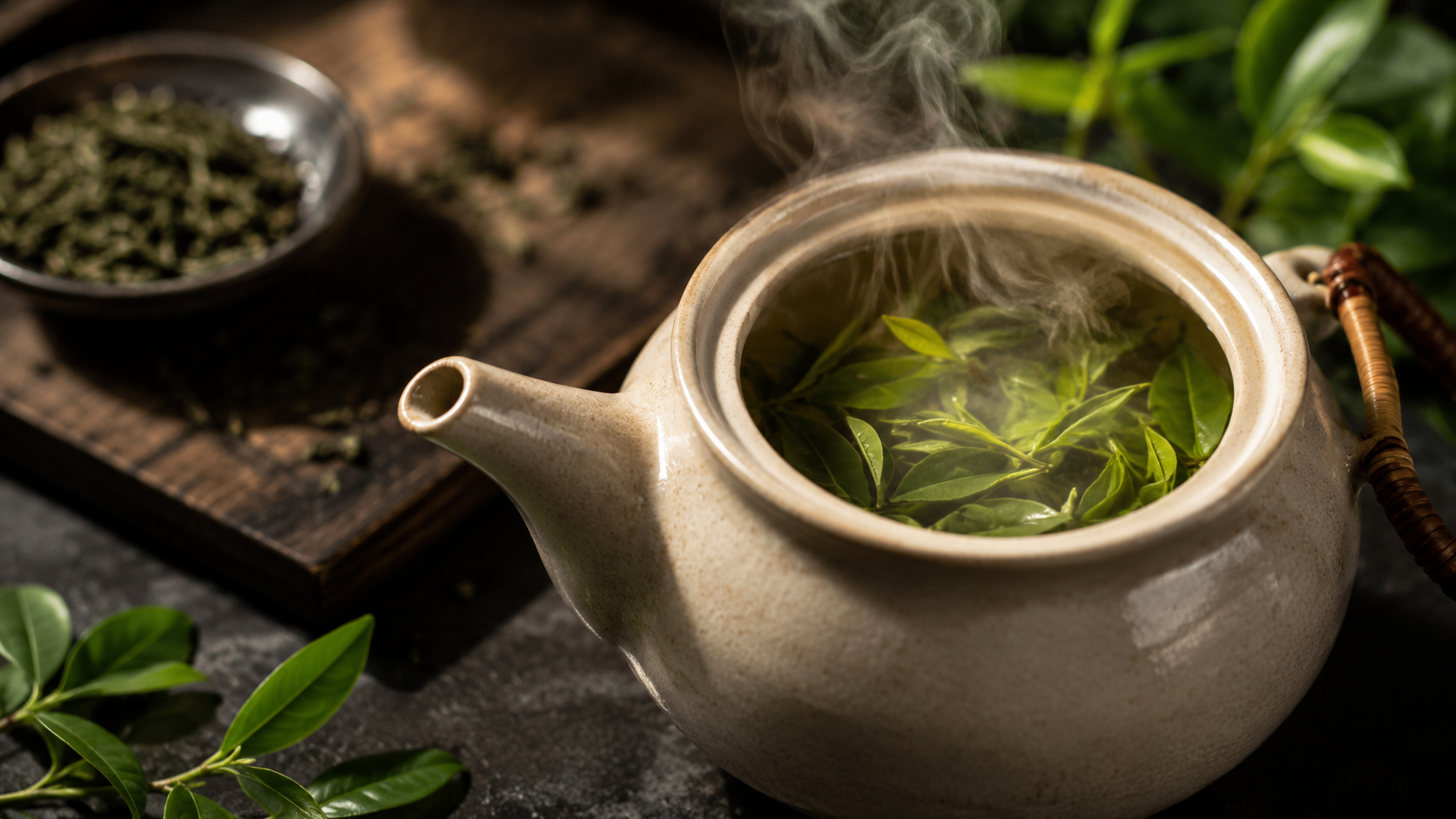 Feuilles de thé vert fraîches versées dans une théière céramique avec une légère vapeur