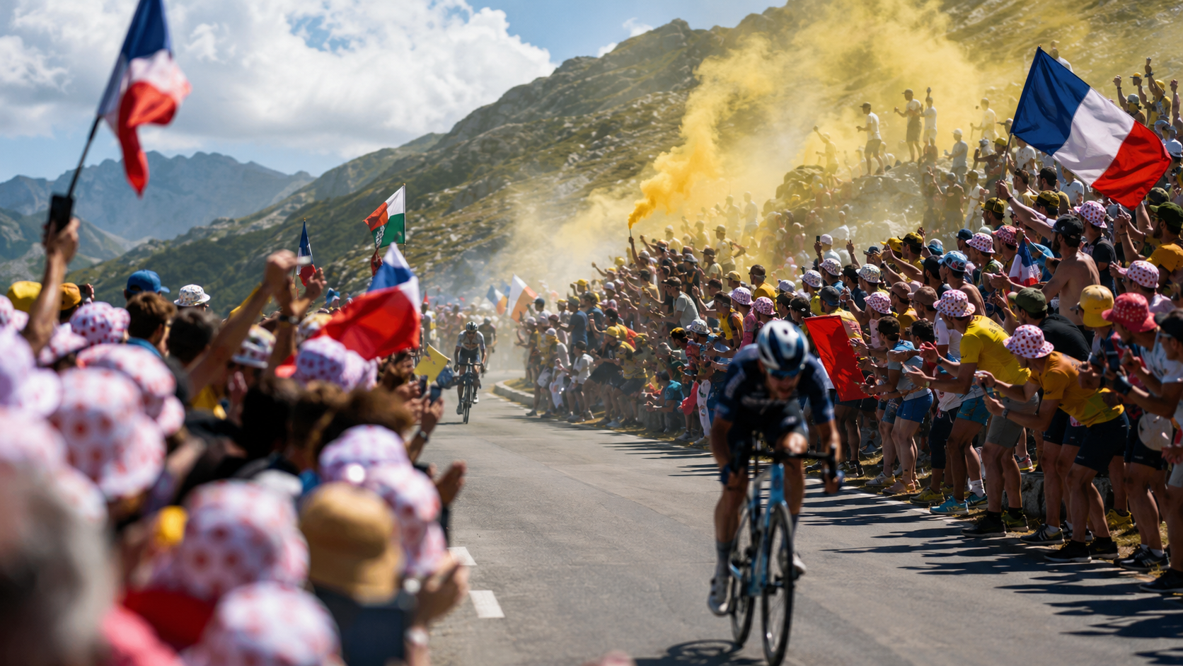 Foule de spectateurs au bord d'une route de montagne pendant une course cycliste d'été