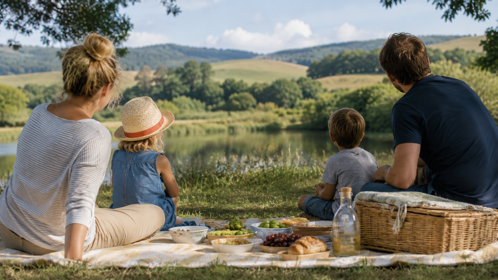 Pique-nique familial au bord d'un étang dans la campagne française en été