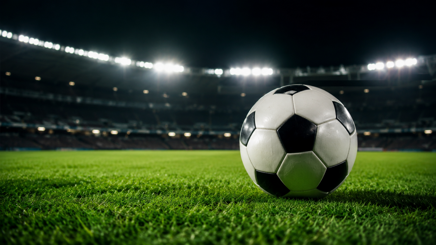 Un ballon de football posé sur la pelouse d'un stade illuminé le soir