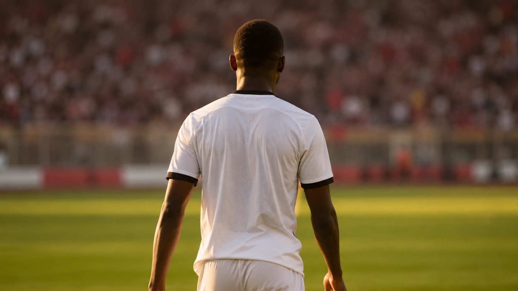 Un défenseur de football vu de dos, maillot sans nom lisible, sur un terrain