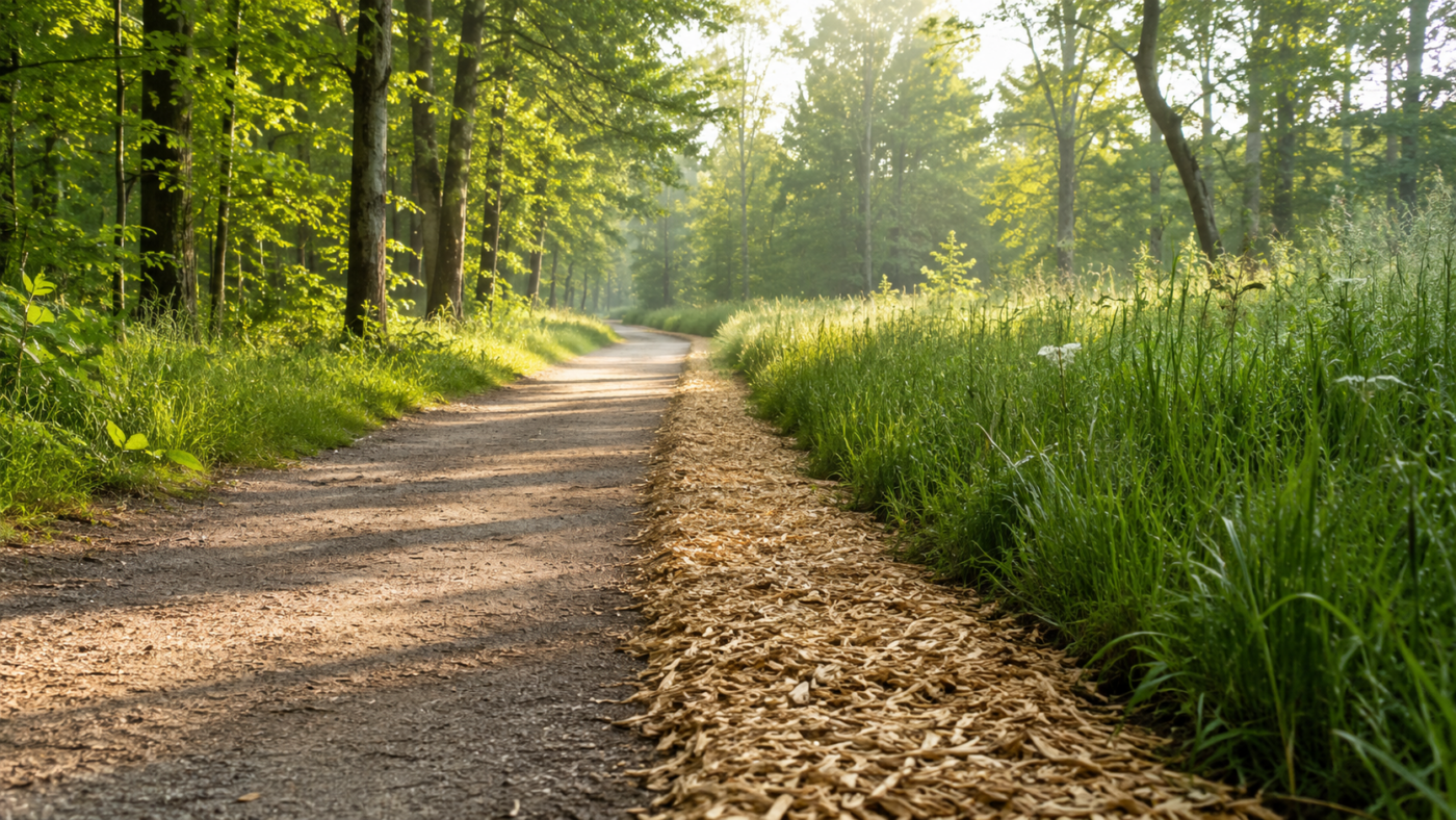 Un sentier forestier bordé d'une bande de copeaux de bois séparant le chemin des herbes hautes