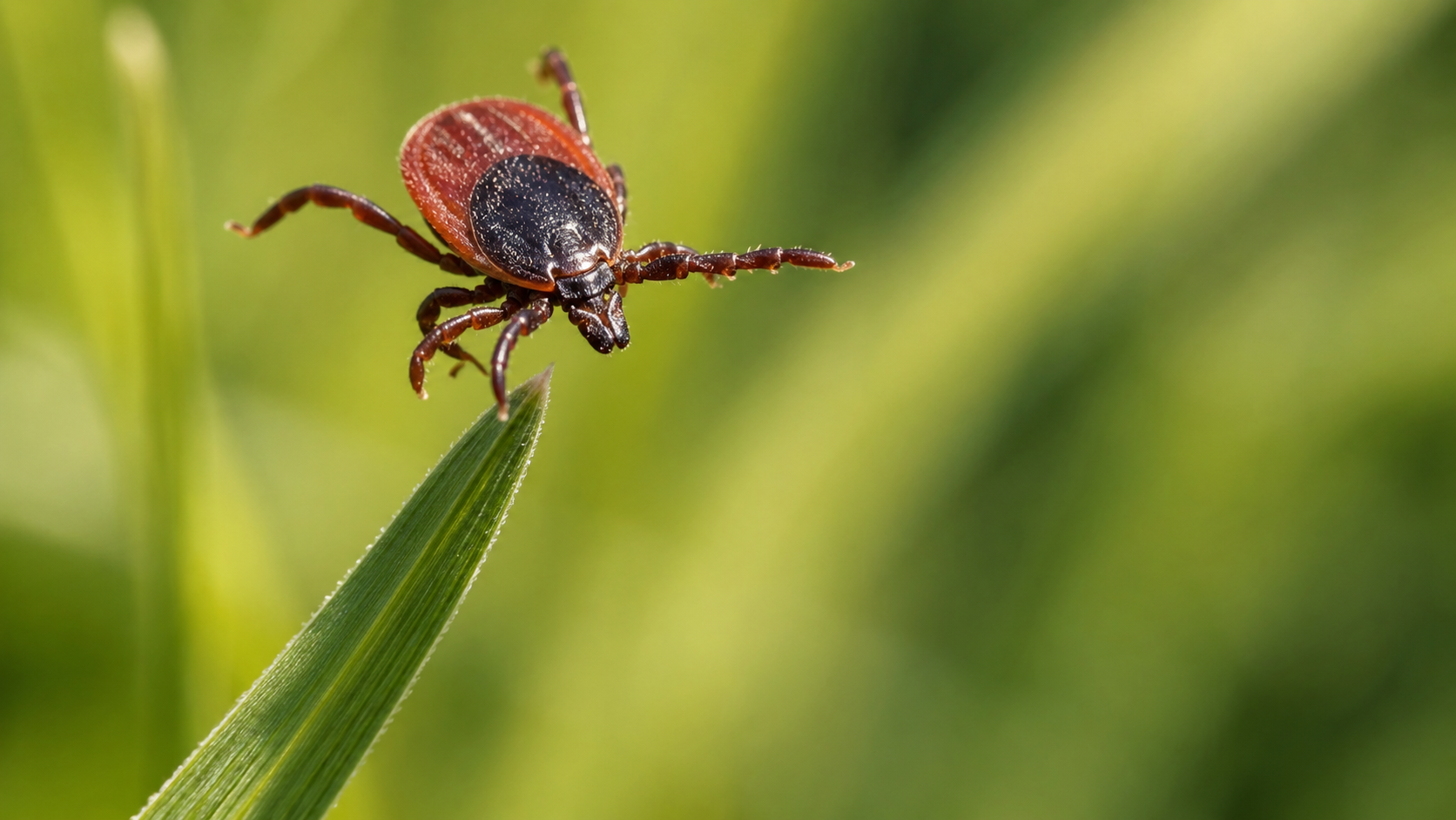 Gros plan macro d'une tique accrochée au bout d'un brin d'herbe, pattes tendues