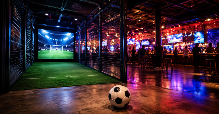 un box de jeu interactif avec un grand écran et un ballon réel au sol, ambiance de bar lumineux en fond flou