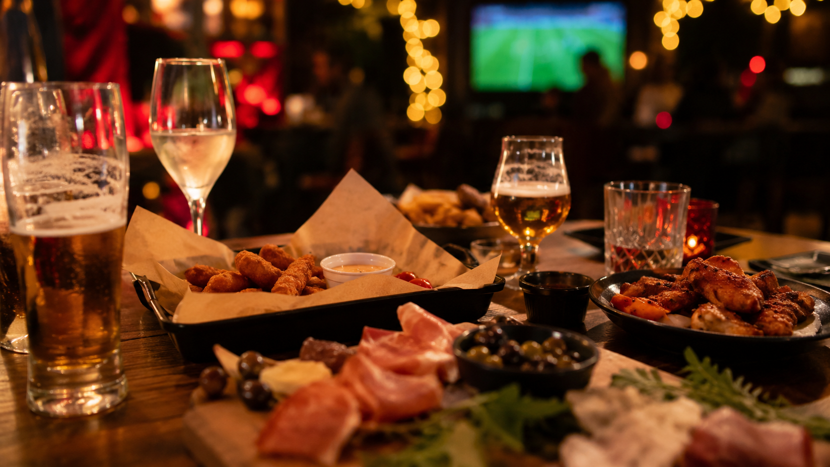 une table de bar avec verres et planches à partager, ambiance de sortie de groupe