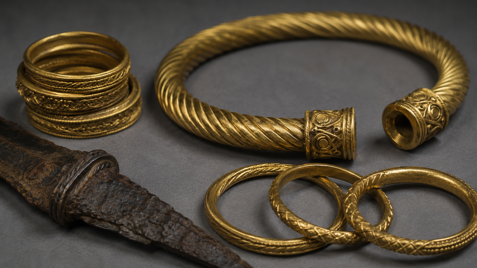 Anneaux d'or celtes massifs et fragment d'arme en fer poses sur un fond gris de musee