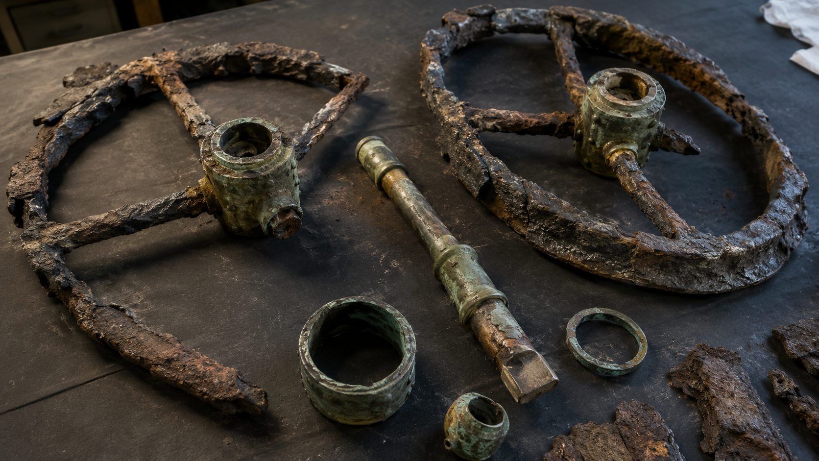 Cercles de roue en fer et ferrures de bronze d'un char antique a deux roues sur une table de restauration