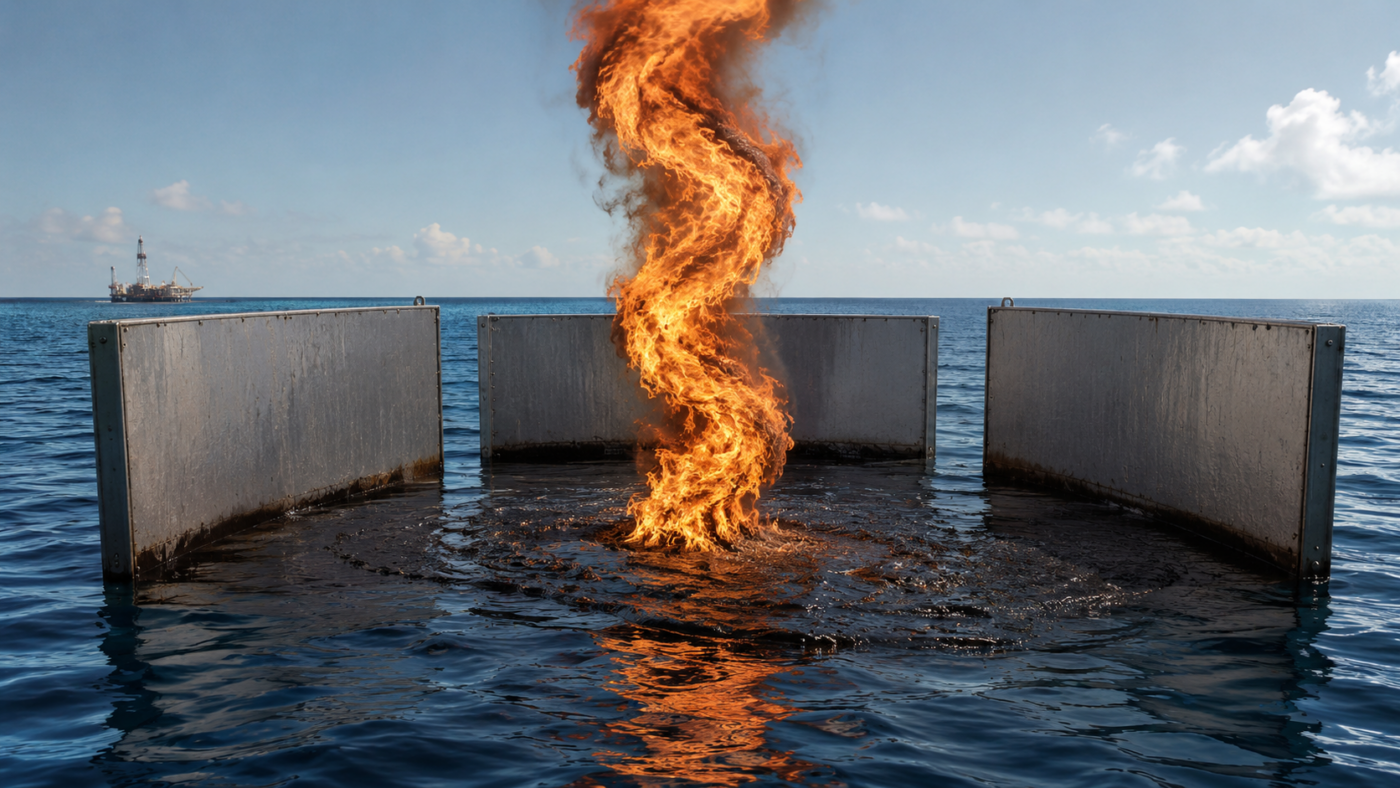 Tornade de feu controlee s'elevant d'une nappe de petrole lors d'un essai experimental de depollution maritime