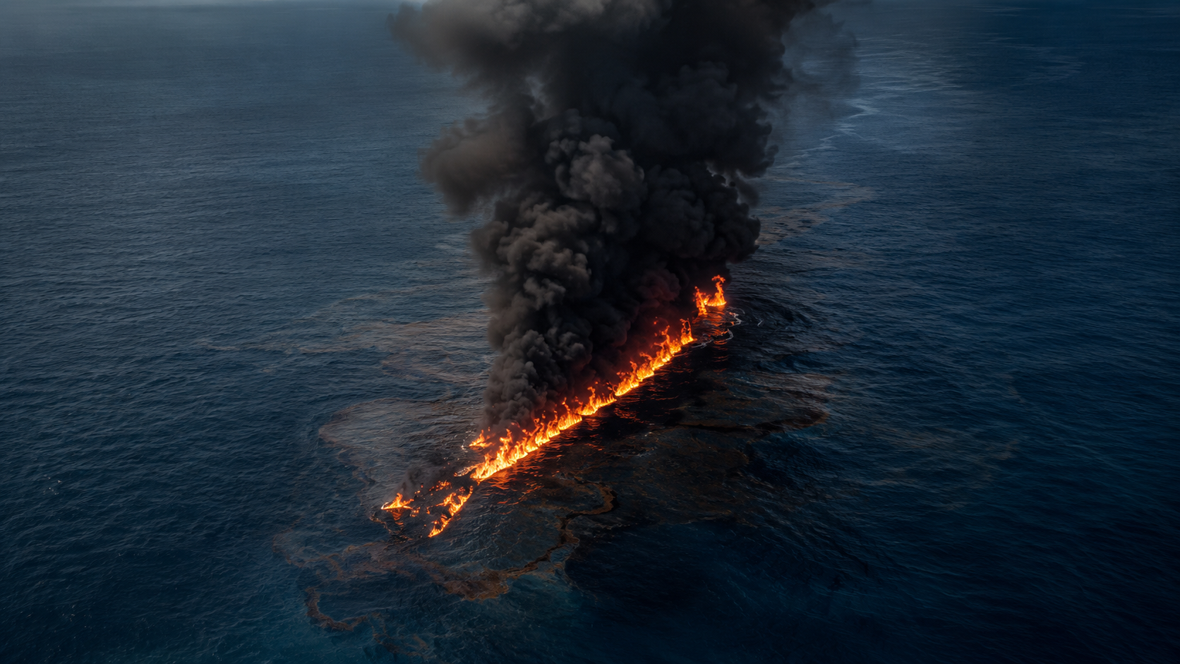 Vue aerienne d'une maree noire en feu a la surface de l'ocean, epais nuage de fumee noire