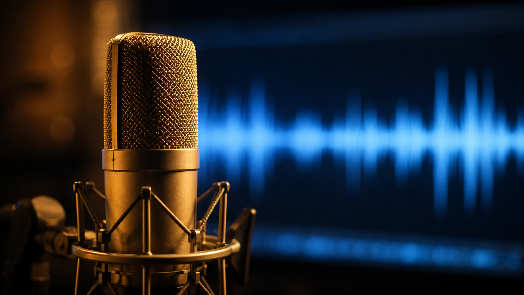Microphone de studio au premier plan, forme d'onde numerique floue en arriere-plan