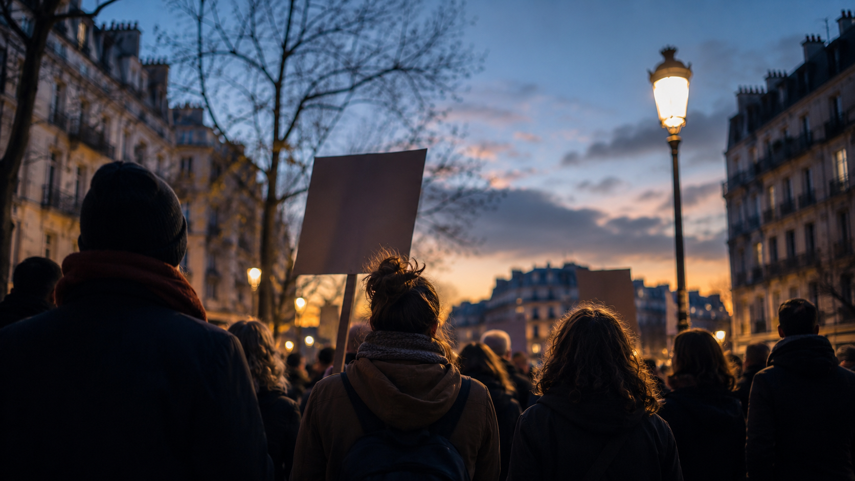 Petit rassemblement de rue au crepuscule devant une facade parisienne, silhouettes vues de loin