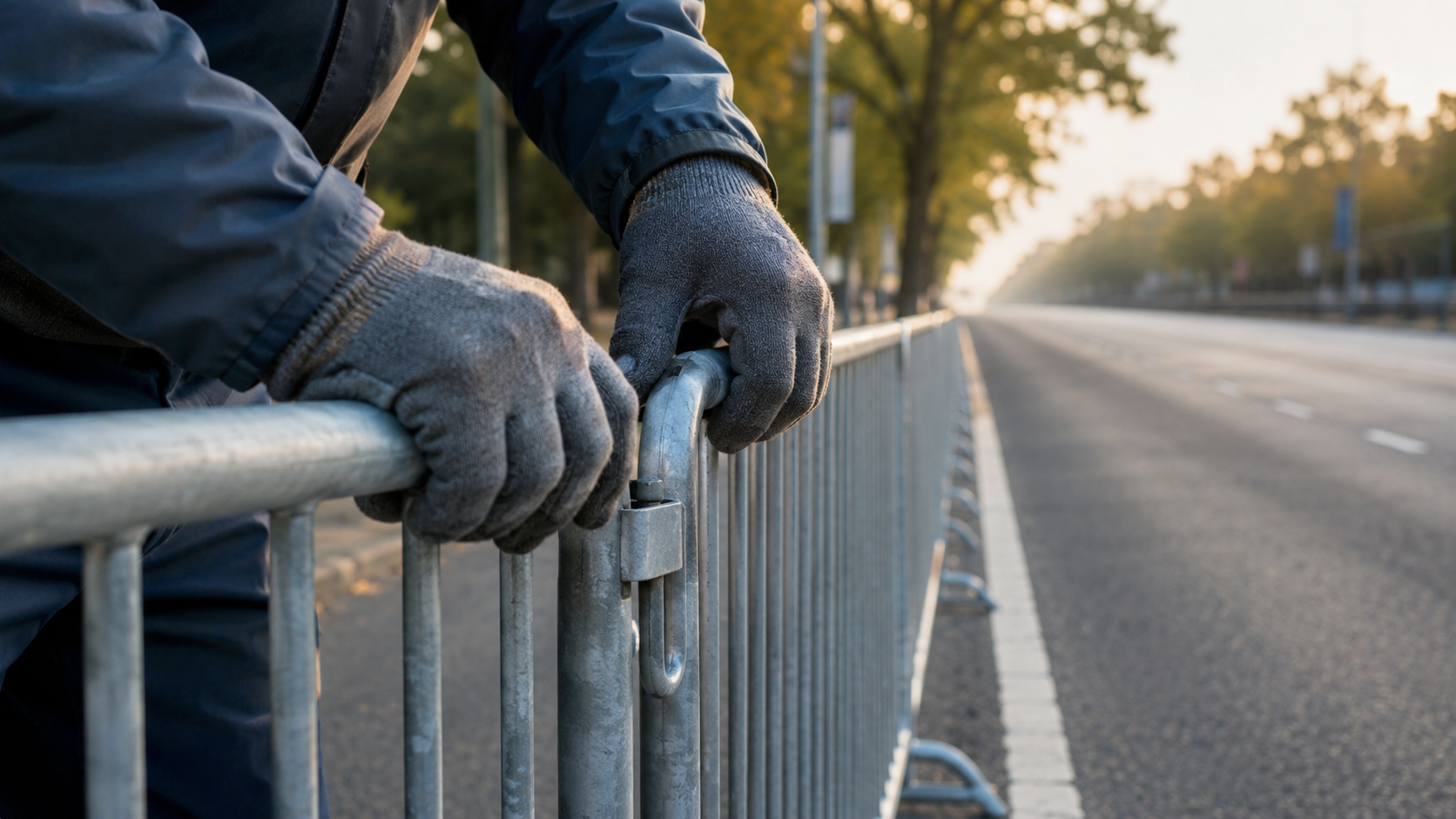Mains gantées d'un bénévole installant une barrière au bord d'une route déserte