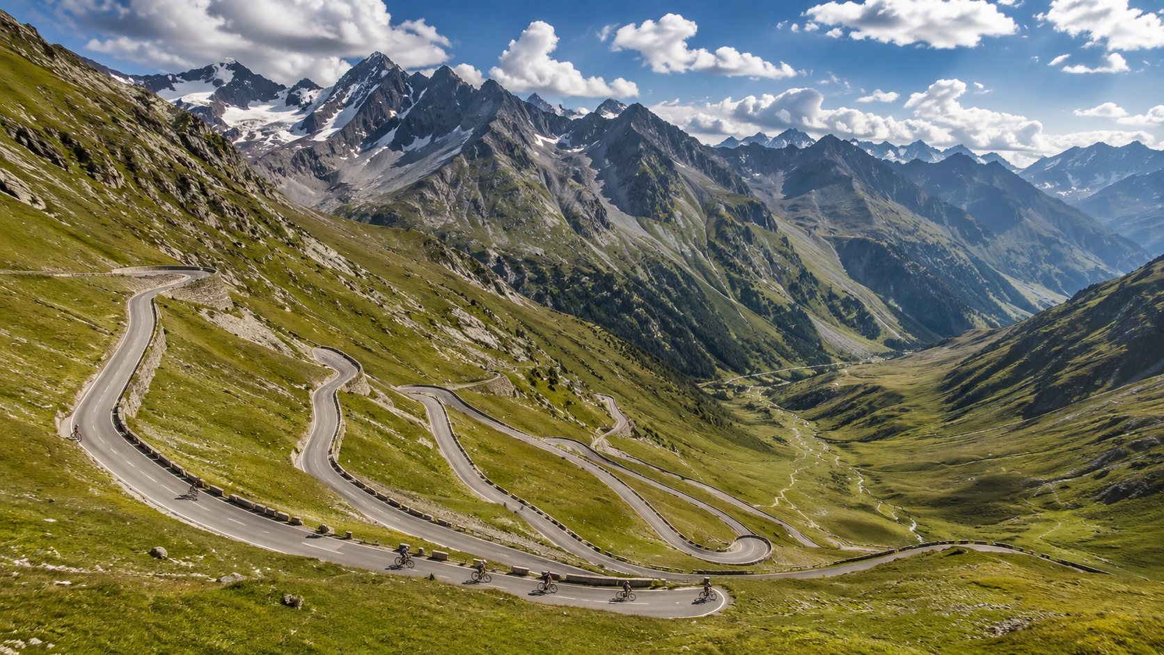 Un col de montagne aux virages en epingle gravi par une file lointaine de cyclistes