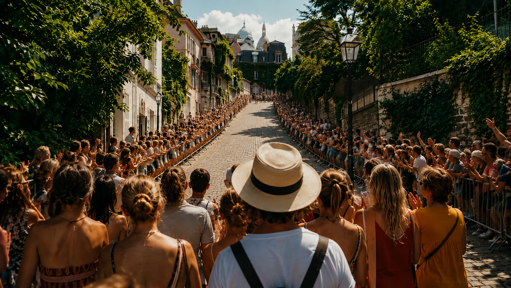 Une foule dense massee le long d'une rue pavee parisienne en montee un apres-midi d'ete