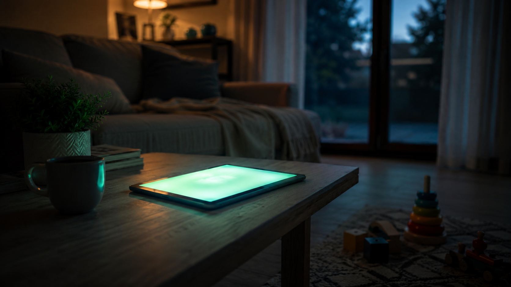 Une tablette allumée sur une table basse au crépuscule, des jouets génériques abandonnés au sol
