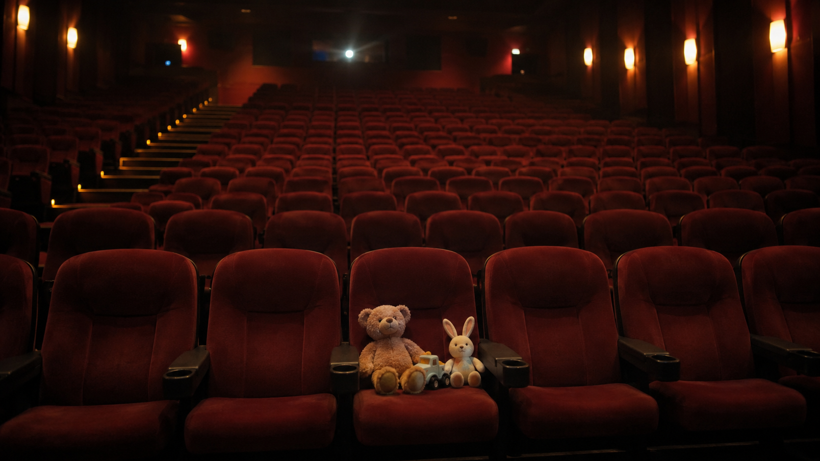 Une salle de cinéma presque vide, quelques jouets génériques oubliés sur un siège