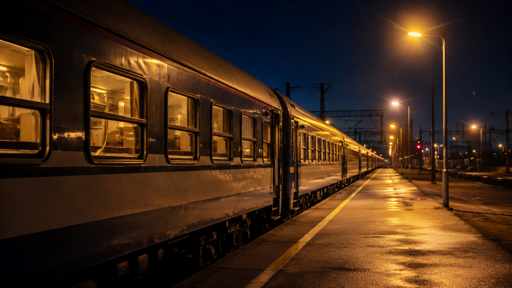 Un train de nuit à quai au crépuscule, halos des lampadaires