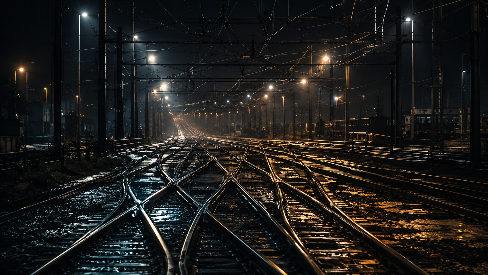 Entrelacs de voies ferrées et d'aiguillages la nuit, rails mouillés