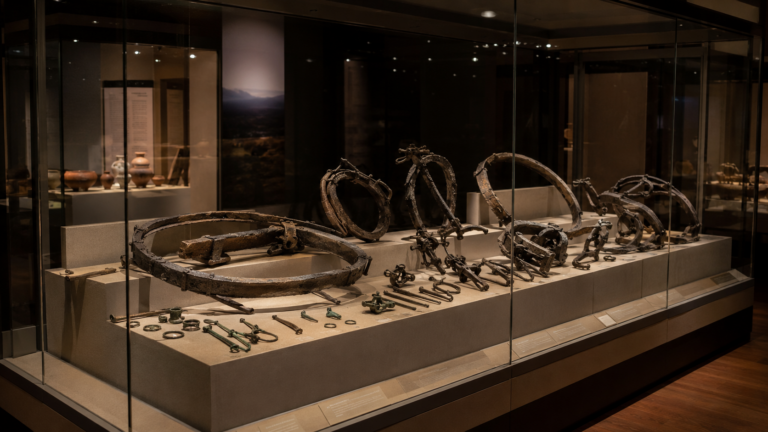Vitrine d'exposition presentant des objets metalliques de l'age du fer issus du tresor de Melsonby