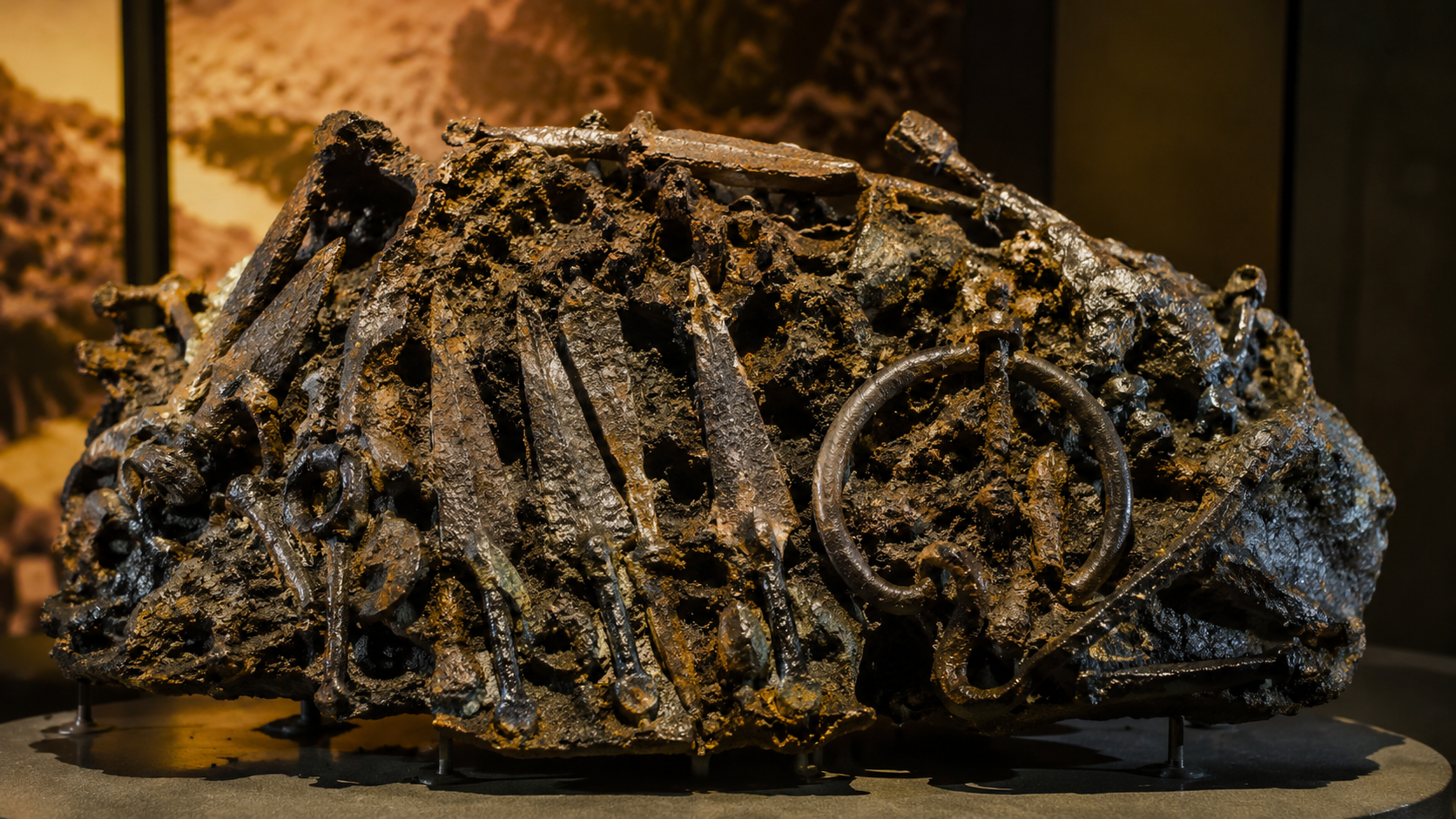 Bloc de metal corrode de l'age du fer avec des artefacts visibles en surface, expose au musee