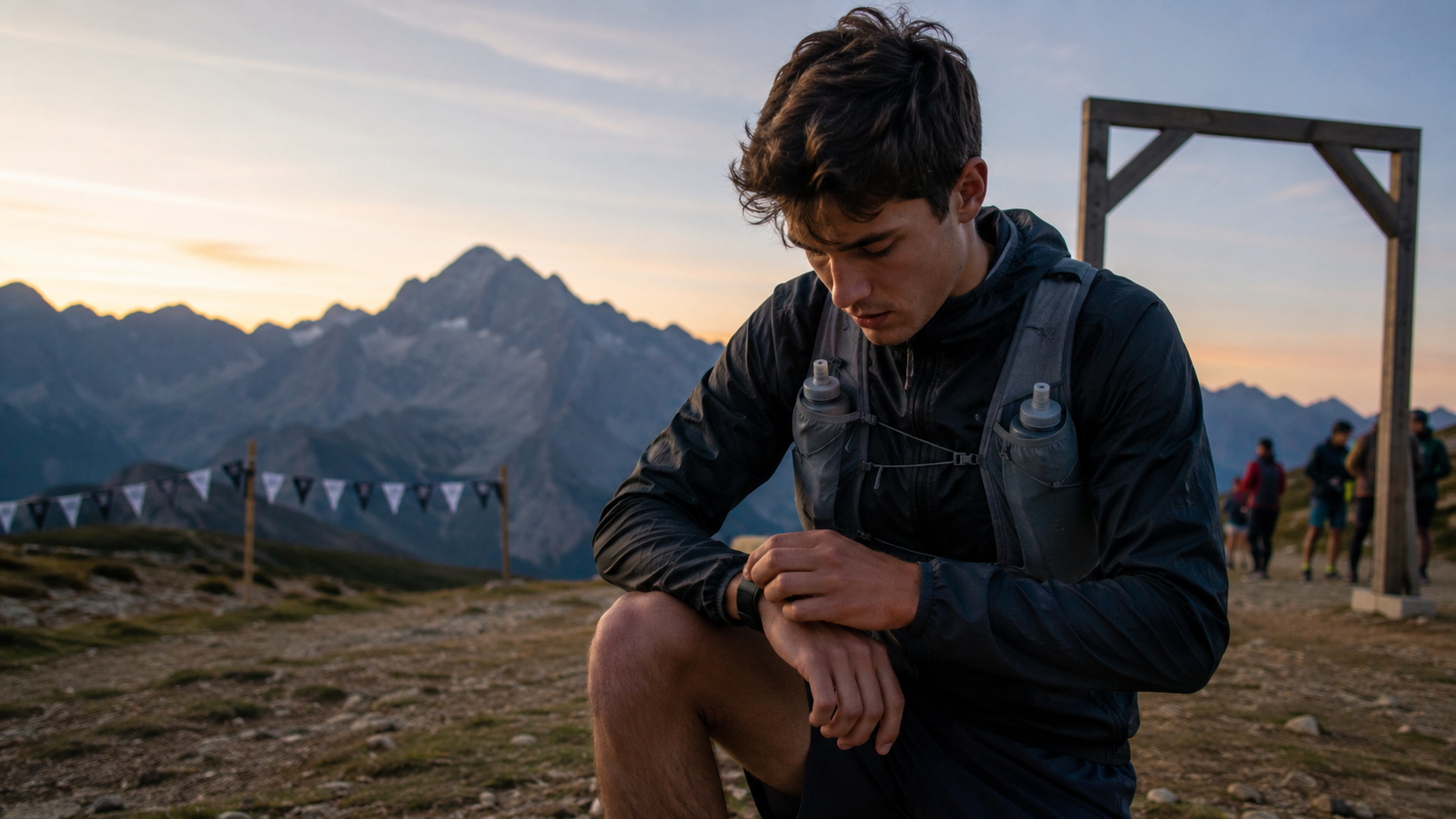 Jeune traileur laçant ses chaussures au départ d'une course de montagne à l'aube